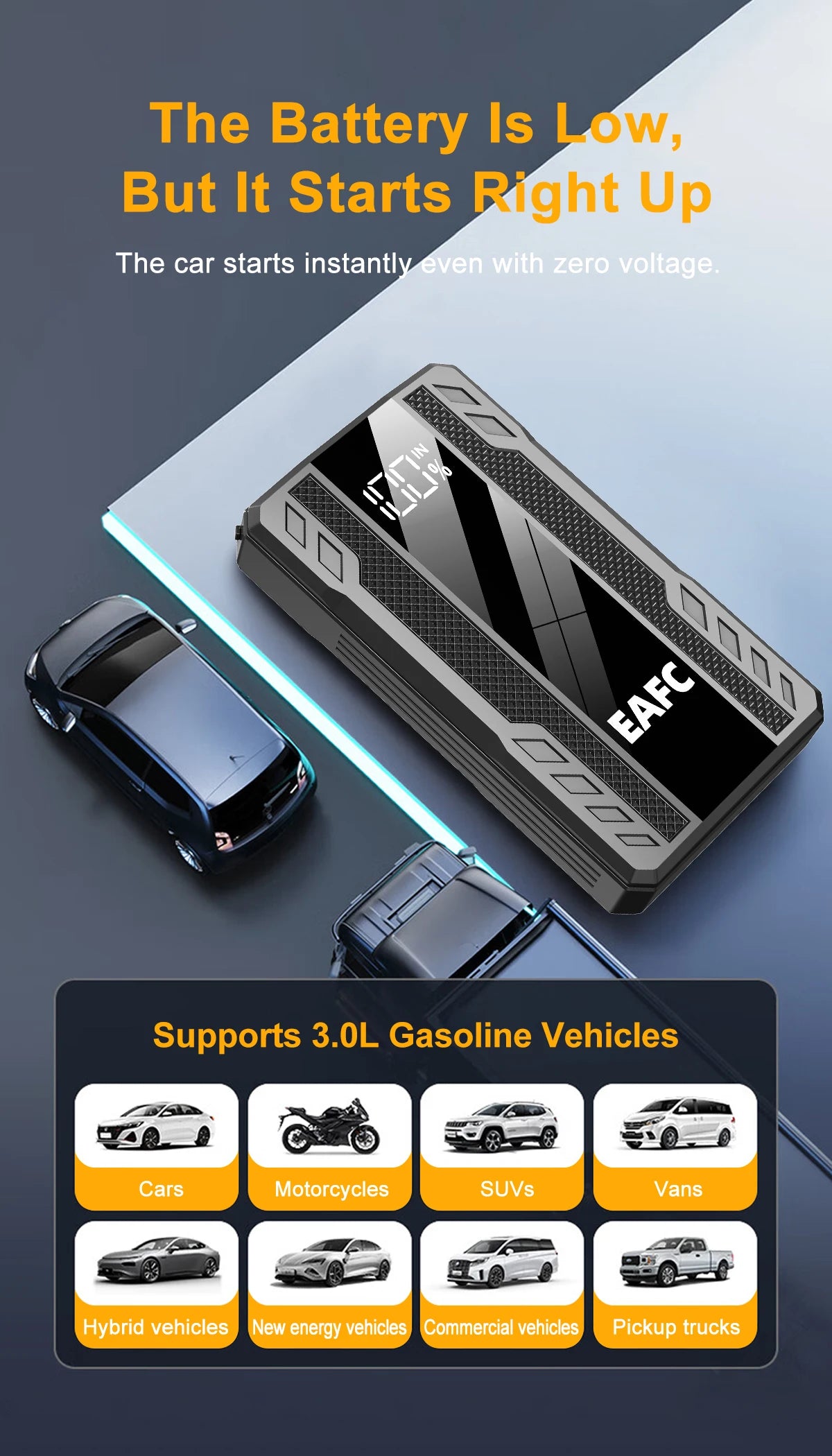 Arrancador de batería portátil EAFC 2000A para coche, 12 V, dispositivo de arranque auxiliar para diésel y gasolina.