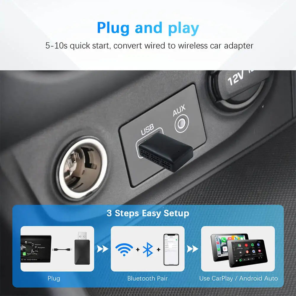 Adaptador CarPlay Android Auto 2 en 1 con cable a inalámbrico para estéreo de coche OEM con conexión USB Plug and Play