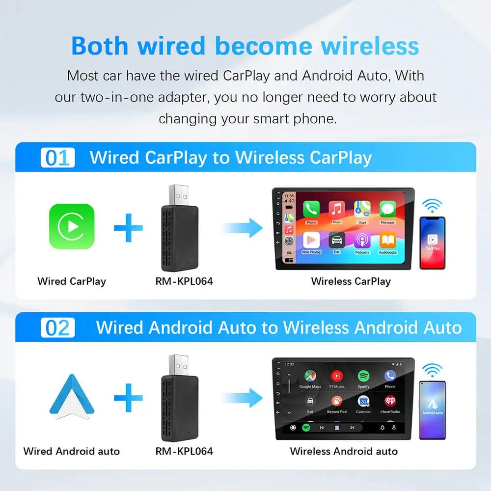 Adaptador CarPlay Android Auto 2 en 1 con cable a inalámbrico para estéreo de coche OEM con conexión USB Plug and Play