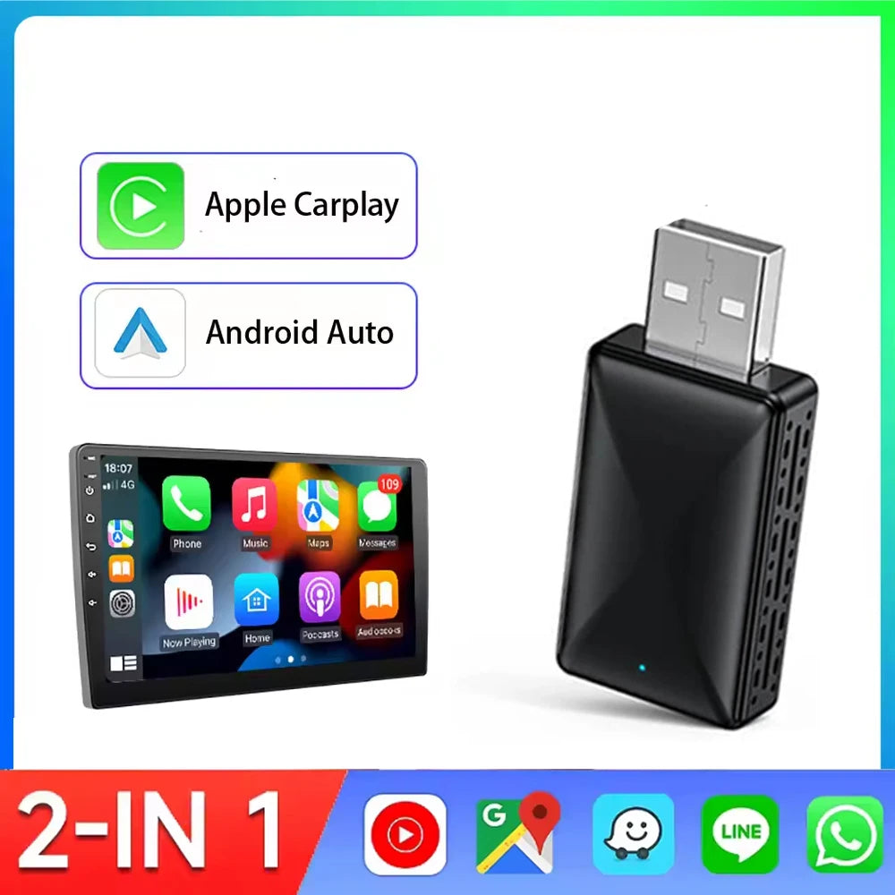 Adaptador CarPlay Android Auto 2 en 1 con cable a inalámbrico para estéreo de coche OEM con conexión USB Plug and Play
