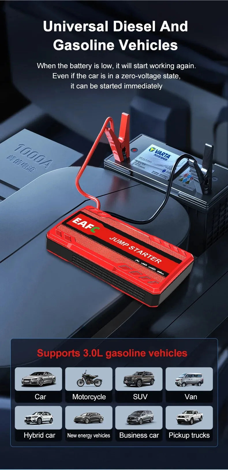 Arrancador de batería portátil EAFC 2000A para coche, 12 V, dispositivo de arranque auxiliar para diésel y gasolina.