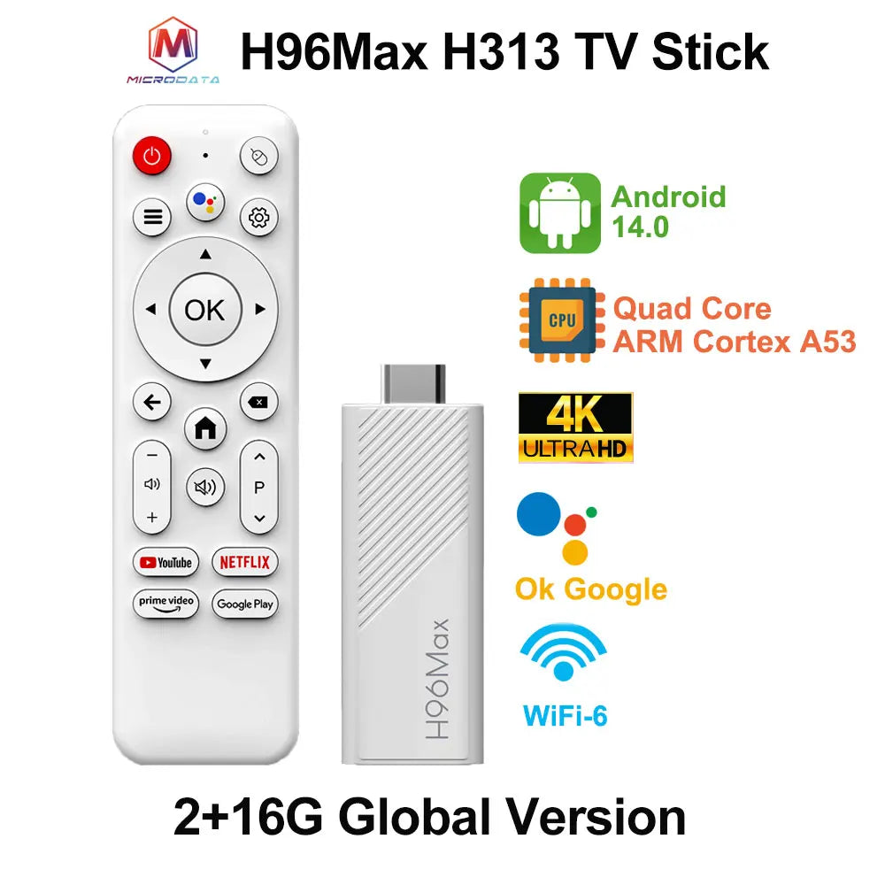2025 H96Max H313 TV Stick 4K, Android TV 14, WiFi 6 Portable Streaming Media, Quad Core ARM Cortex A53, Netflix Smart TV Dongle