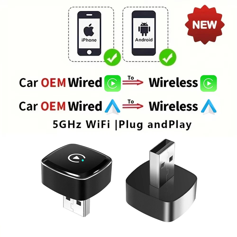 Adaptador CarPlay Android Auto 2 en 1 con cable a inalámbrico para estéreo de coche OEM con conexión USB Plug and Play