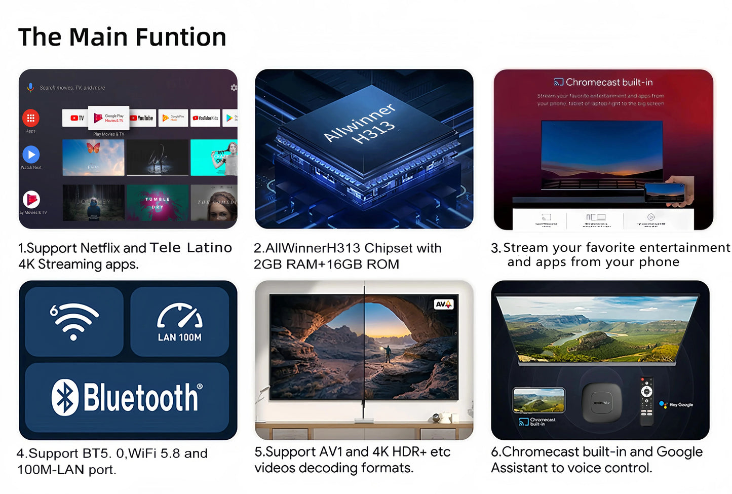 Android16 Smart Home Theater TV Box AllwinnerH313 Google Assistant Netflix Streaming Bluetooth Media Player 2G16G 2.4G5G Wifi T1